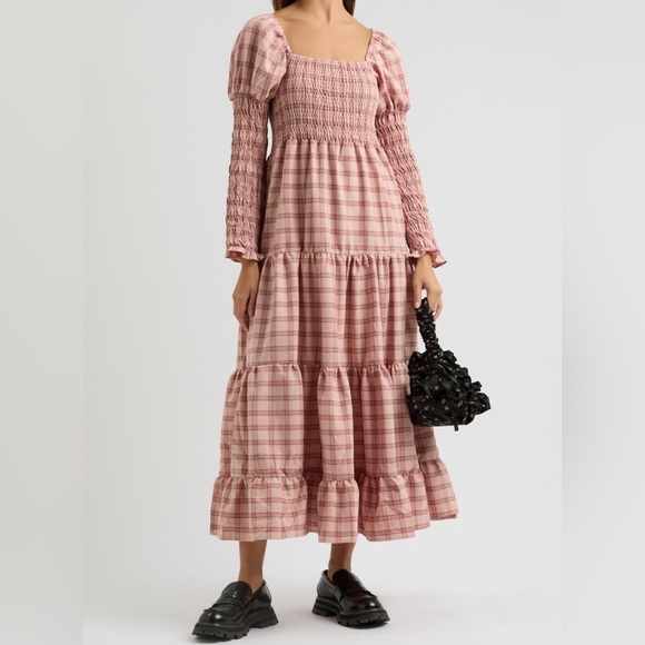 Sister Jane Pointe Check Pink Plaid Smocked Tiered Maxi Dress size L - Picture 5 of 5